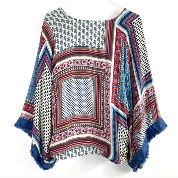 ZARA Floral Paisley Fringe Kimono Sleeve Blouse Jacket In Blue Size XS - Picture 3 of 5